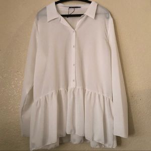 Boohoo US Size 16 White Peplum Hem Button Down Long Sleeve Shirt